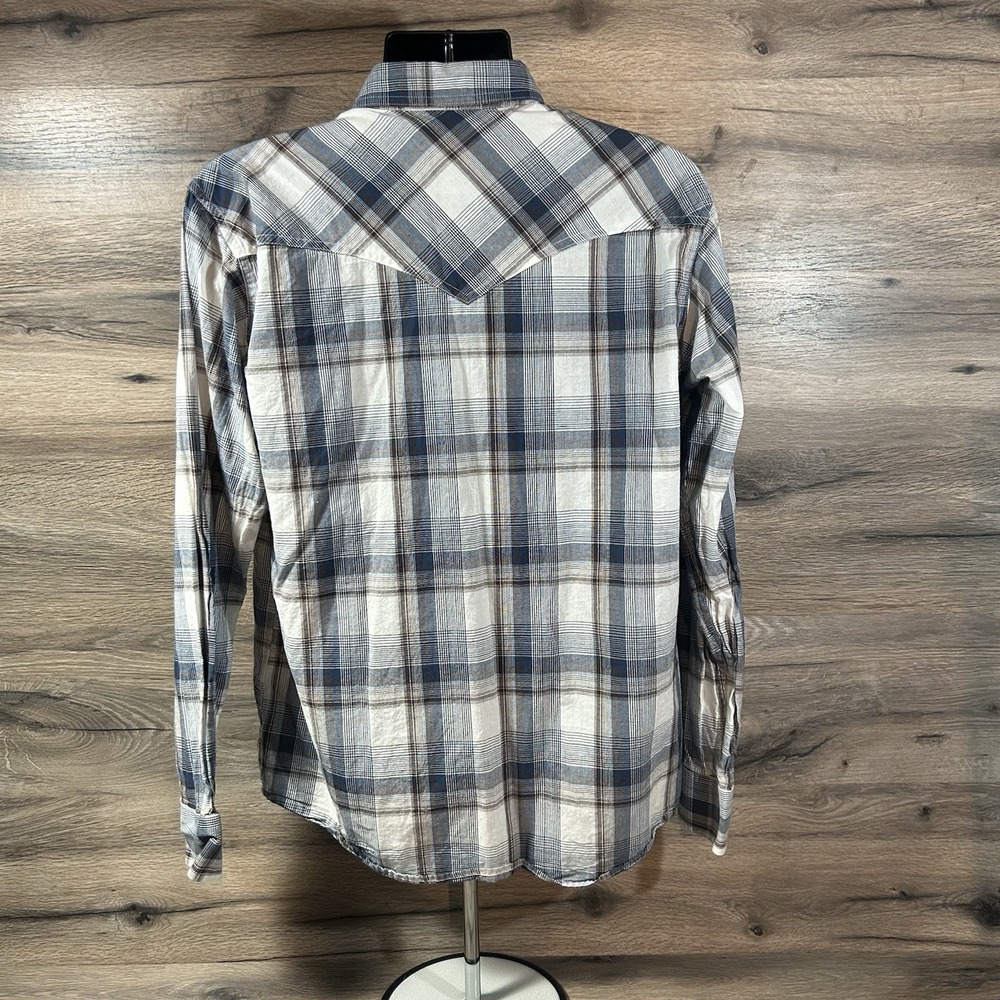 Ariat Retro Fit Shirt Mens Large Blue Brown Plaid Western Pearl Snap Rodeo - Picture 2 of 7